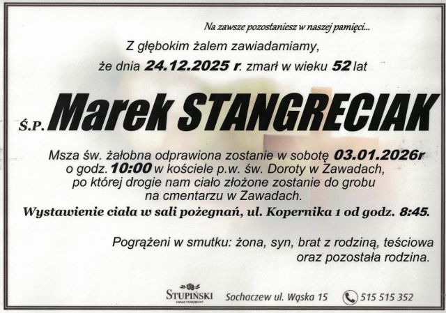 Nekrolog Zakład Pogrzebowy Stupiński Sochaczew - Marek Stangreciak