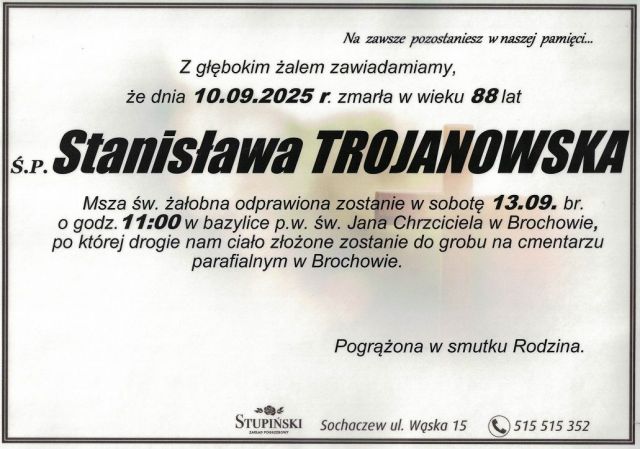 Nekrolog Zakład Pogrzebowy Stupiński Sochaczew - Stanisława Trojanowska