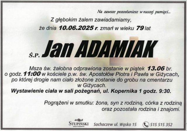 Nekrolog Zakład Pogrzebowy Stupiński Sochaczew - Jan Adamiak