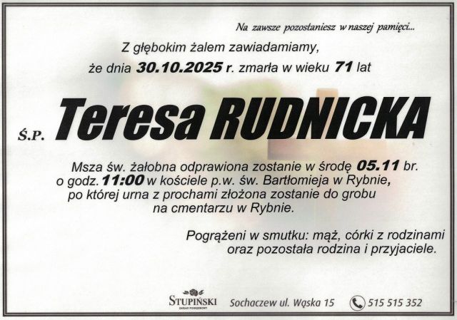 Nekrolog Zakład Pogrzebowy Stupiński Sochaczew - Teresa Rudnicka