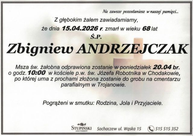 Nekrolog Zakład Pogrzebowy Stupiński Sochaczew - Zbigniew Andrzejczak