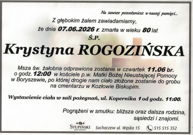 Nekrolog Zakład Pogrzebowy Stupiński Sochaczew - Krystyna Rogozińska