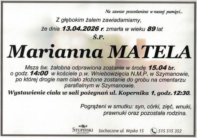 Nekrolog Zakład Pogrzebowy Stupiński Sochaczew - Marianna Matela