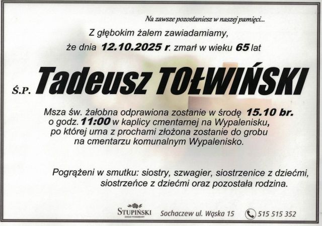 Nekrolog Zakład Pogrzebowy Stupiński Sochaczew - Tadeusz Tołwiński