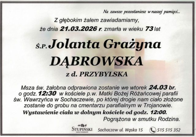 Nekrolog Zakład Pogrzebowy Stupiński Sochaczew - Jolanta Dąbrowska