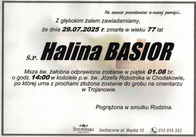 Nekrolog Zakład Pogrzebowy Stupiński Sochaczew - Halina Basior
