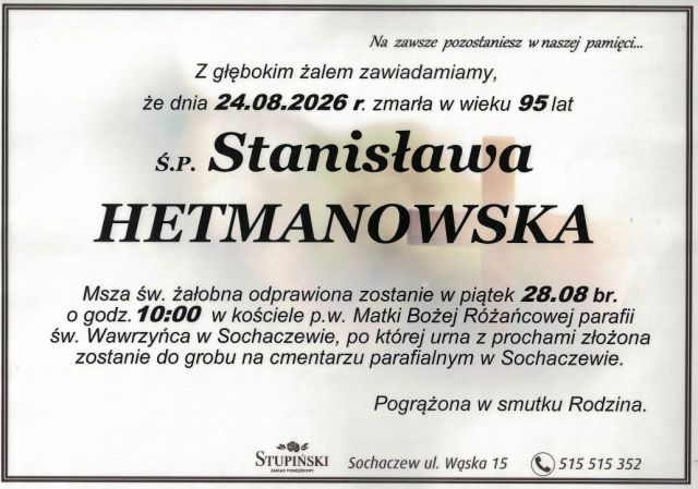 Nekrolog Zakład Pogrzebowy Stupiński Sochaczew - Stanisława Hetmanowska