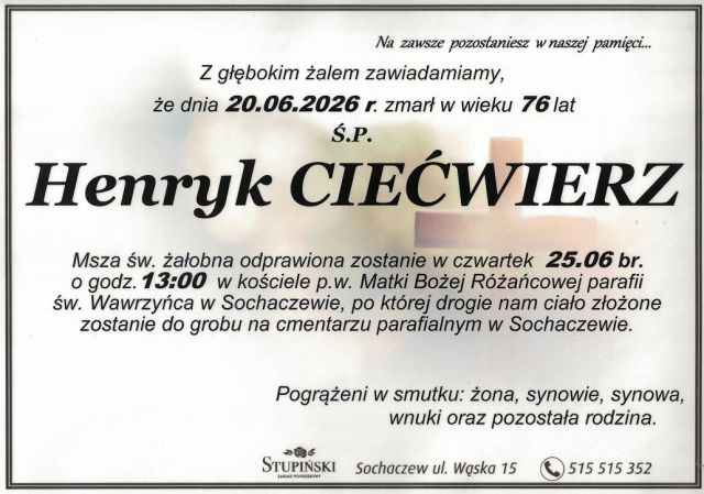Nekrolog Zakład Pogrzebowy Stupiński Sochaczew - Henryk Ciećwierz