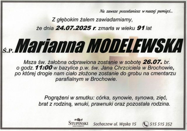 Nekrolog Zakład Pogrzebowy Stupiński Sochaczew - Marianna Modelewska