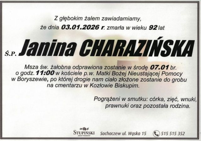 Nekrolog Zakład Pogrzebowy Stupiński Sochaczew - Janina Charazińska