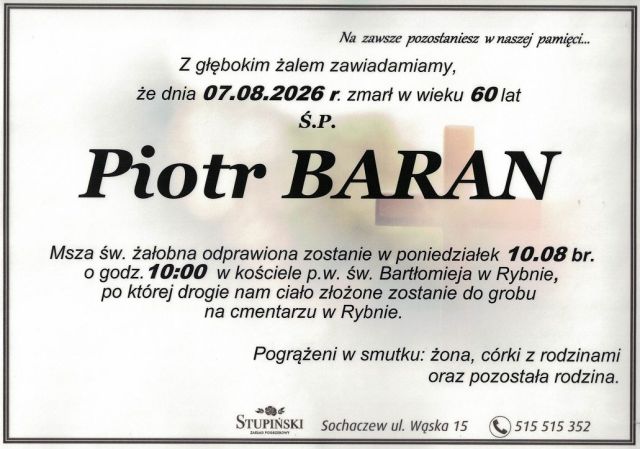 Nekrolog Zakład Pogrzebowy Stupiński Sochaczew - Piotr Baran