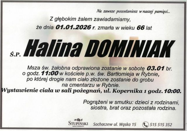 Nekrolog Zakład Pogrzebowy Stupiński Sochaczew - Halina Dominiak