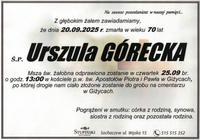 Nekrolog Zakład Pogrzebowy Stupiński Sochaczew - Urszula Górecka