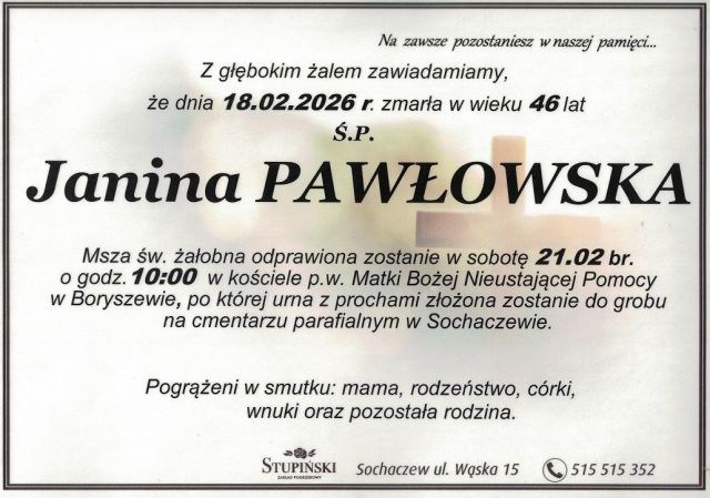 Nekrolog Zakład Pogrzebowy Stupiński Sochaczew - Janina Pawłowska