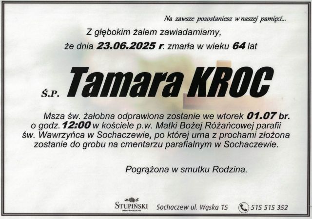 Nekrolog Zakład Pogrzebowy Stupiński Sochaczew - Tamara Kroc