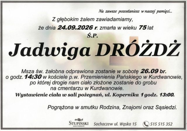 Nekrolog Zakład Pogrzebowy Stupiński Sochaczew - Jadwiga Dróżdż