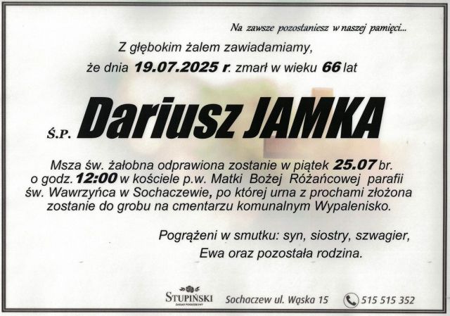 Nekrolog Zakład Pogrzebowy Stupiński Sochaczew - Dariusz Jamka