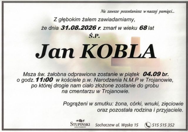 Nekrolog Zakład Pogrzebowy Stupiński Sochaczew - Jan Kobla