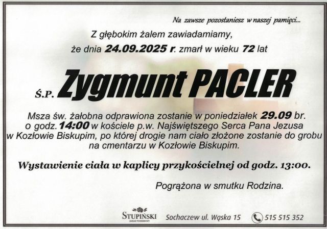 Nekrolog Zakład Pogrzebowy Stupiński Sochaczew - Zygmunt Pacler