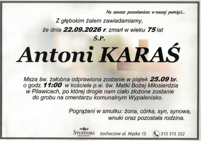 Nekrolog Zakład Pogrzebowy Stupiński Sochaczew - Antoni Karaś