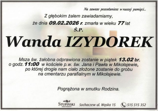 Nekrolog Zakład Pogrzebowy Stupiński Sochaczew - Wanda Izydorek