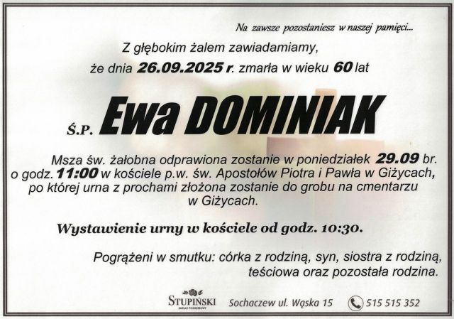 Nekrolog Zakład Pogrzebowy Stupiński Sochaczew - Ewa Dominiak