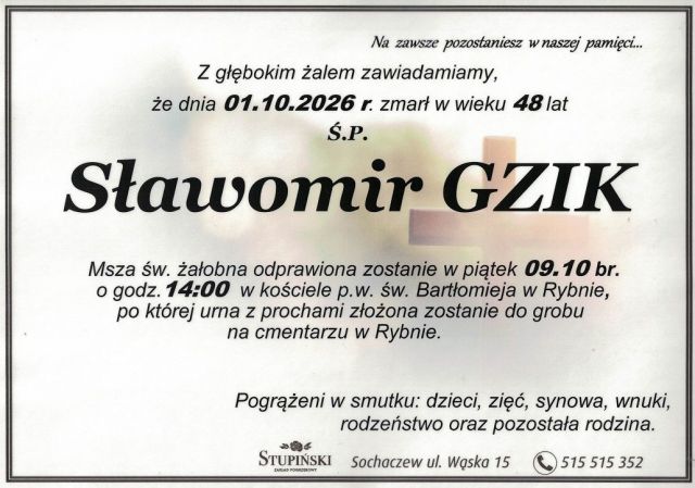 Nekrolog Zakład Pogrzebowy Stupiński Sochaczew - Sławomir Gzik