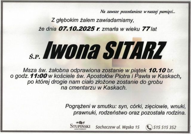 Nekrolog Zakład Pogrzebowy Stupiński Sochaczew - Iwona Sitarz