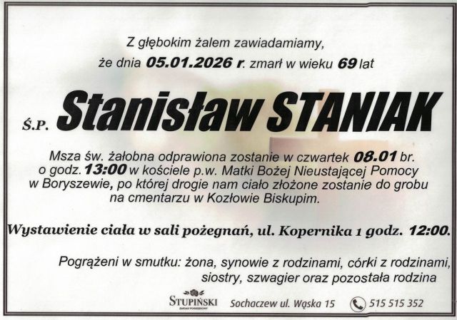 Nekrolog Zakład Pogrzebowy Stupiński Sochaczew - Stanisław Staniak