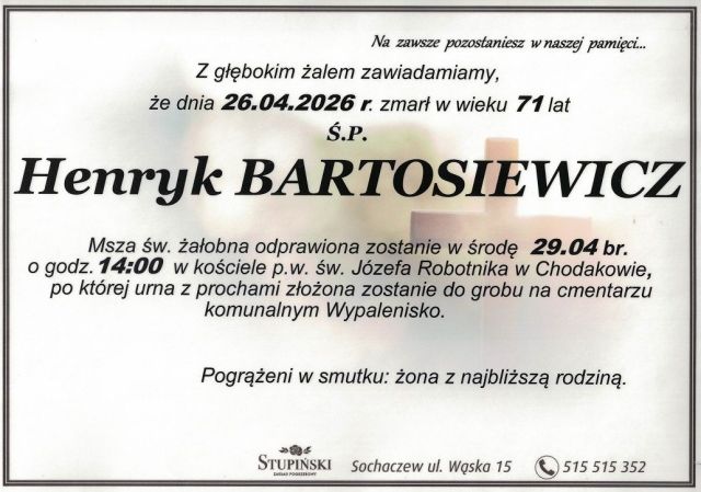 Nekrolog Zakład Pogrzebowy Stupiński Sochaczew - Henryk Bartosiewicz
