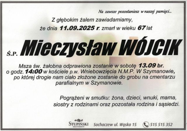 Nekrolog Zakład Pogrzebowy Stupiński Sochaczew - Mieczysław Wójcik