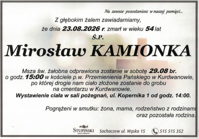 Nekrolog Zakład Pogrzebowy Stupiński Sochaczew - Mirosław Kamionka