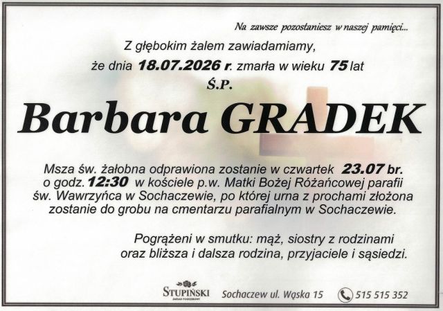 Nekrolog Zakład Pogrzebowy Stupiński Sochaczew - Barbara Gradek
