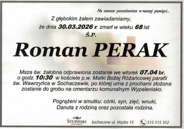 Nekrolog Zakład Pogrzebowy Stupiński Sochaczew - Roman Perak