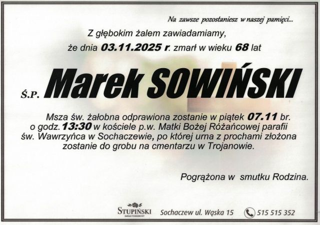 Nekrolog Zakład Pogrzebowy Stupiński Sochaczew - Marek Sowiński