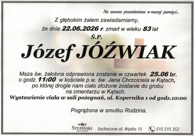 Nekrolog Zakład Pogrzebowy Stupiński Sochaczew - Józef Jóźwiak