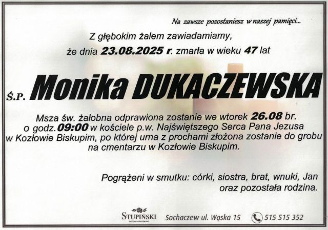 Nekrolog Zakład Pogrzebowy Stupiński Sochaczew - Monika Dukaczewska