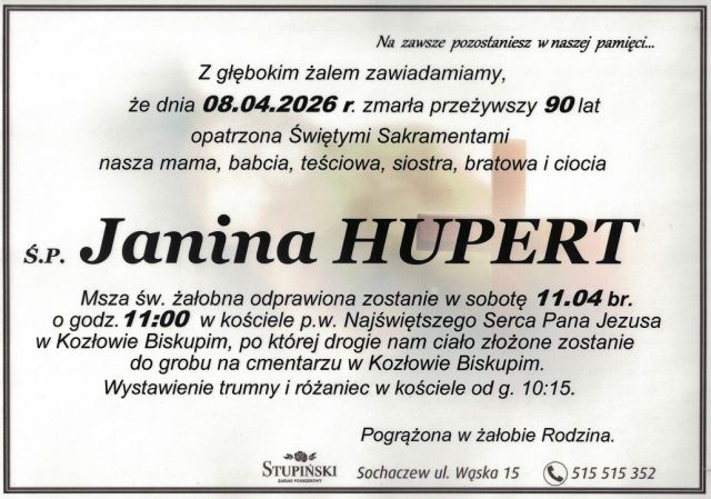 Nekrolog Zakład Pogrzebowy Stupiński Sochaczew - Janina Hupert