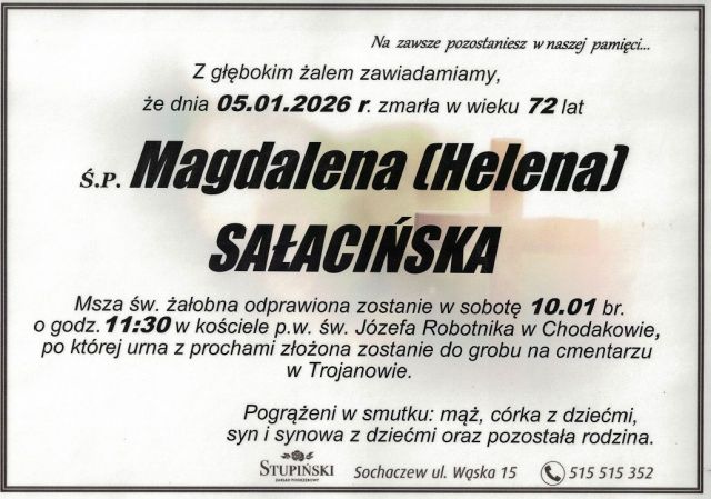 Nekrolog Zakład Pogrzebowy Stupiński Sochaczew - Magdalena (Helena) Sałacińska