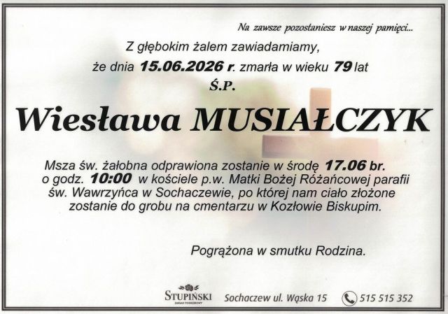 Nekrolog Zakład Pogrzebowy Stupiński Sochaczew - Wiesława Musiałczyk