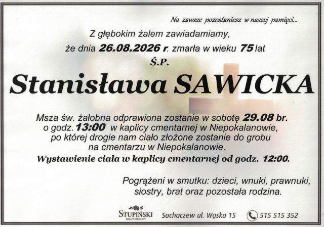 Nekrolog Zakład Pogrzebowy Stupiński Sochaczew - Stanisława Sawicka