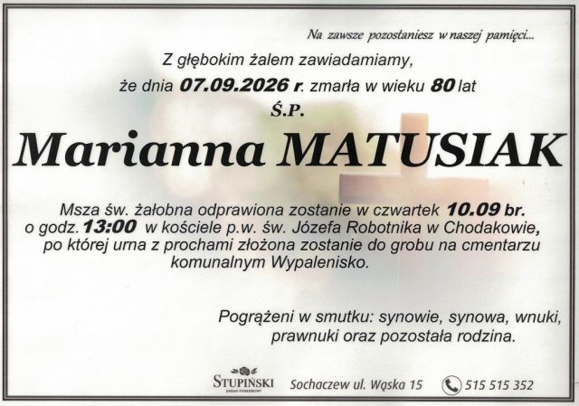 Nekrolog Zakład Pogrzebowy Stupiński Sochaczew - Marianna Matusiak