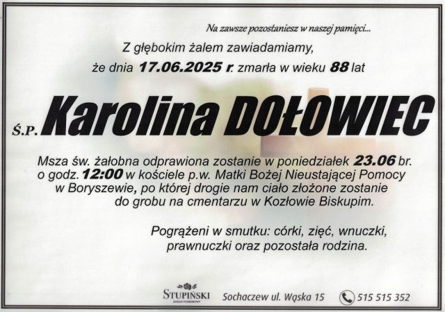 Nekrolog Zakład Pogrzebowy Stupiński Sochaczew - Karolina Dołowiec