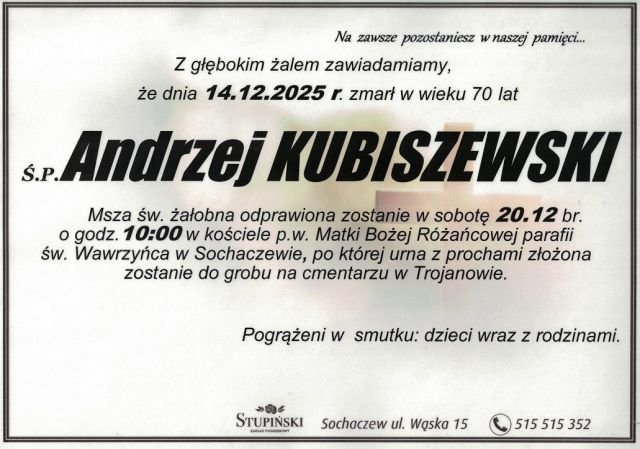 Nekrolog Zakład Pogrzebowy Stupiński Sochaczew - Andrzej Kubiszewski