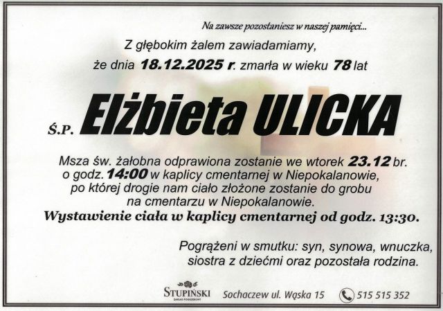 Nekrolog Zakład Pogrzebowy Stupiński Sochaczew - Elżbieta Ulicka