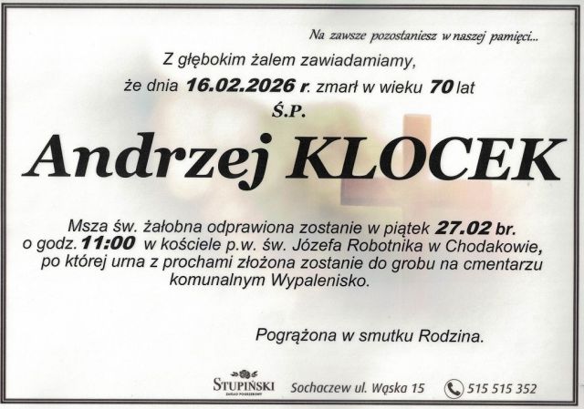 Nekrolog Zakład Pogrzebowy Stupiński Sochaczew - Andrzej Klocek