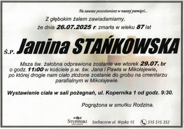 Nekrolog Zakład Pogrzebowy Stupiński Sochaczew - Janina Stańkowska