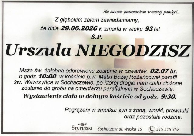 Nekrolog Zakład Pogrzebowy Stupiński Sochaczew - Urszula Niegodzisz