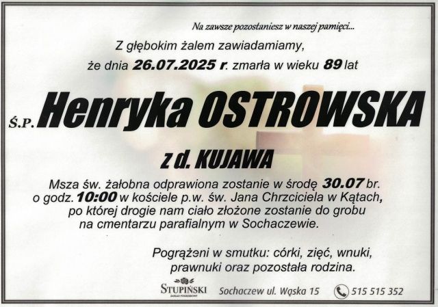 Nekrolog Zakład Pogrzebowy Stupiński Sochaczew - Henryka Ostrowska