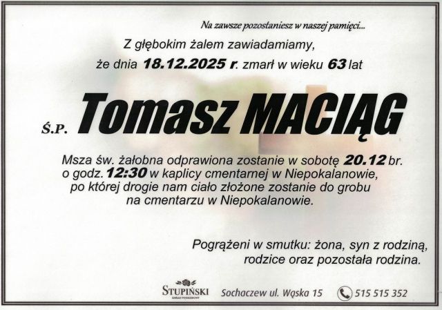 Nekrolog Zakład Pogrzebowy Stupiński Sochaczew - Tomasz Maciąg